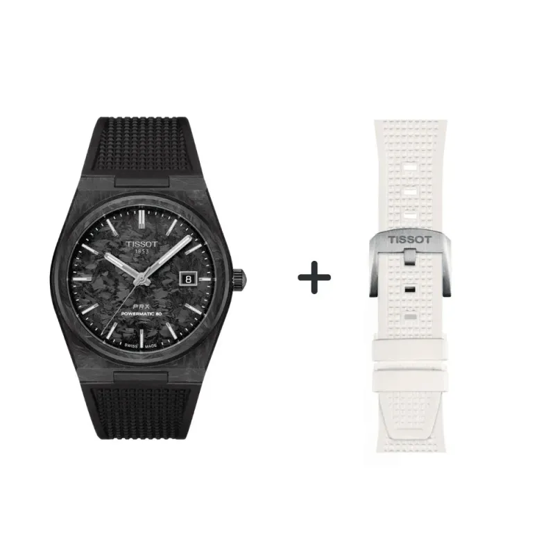 Tissot PRX 80 Carbon men's watch T137.907.97.201.00 set with white silicone strap